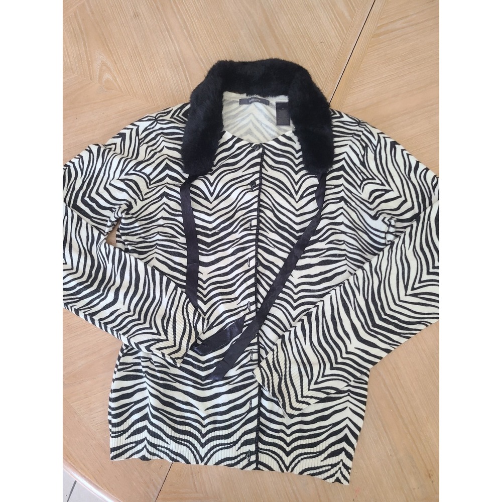 Liz Claiborne Cardigan Women M Black Zebra Print Excellent Faux Fur Collar Glam